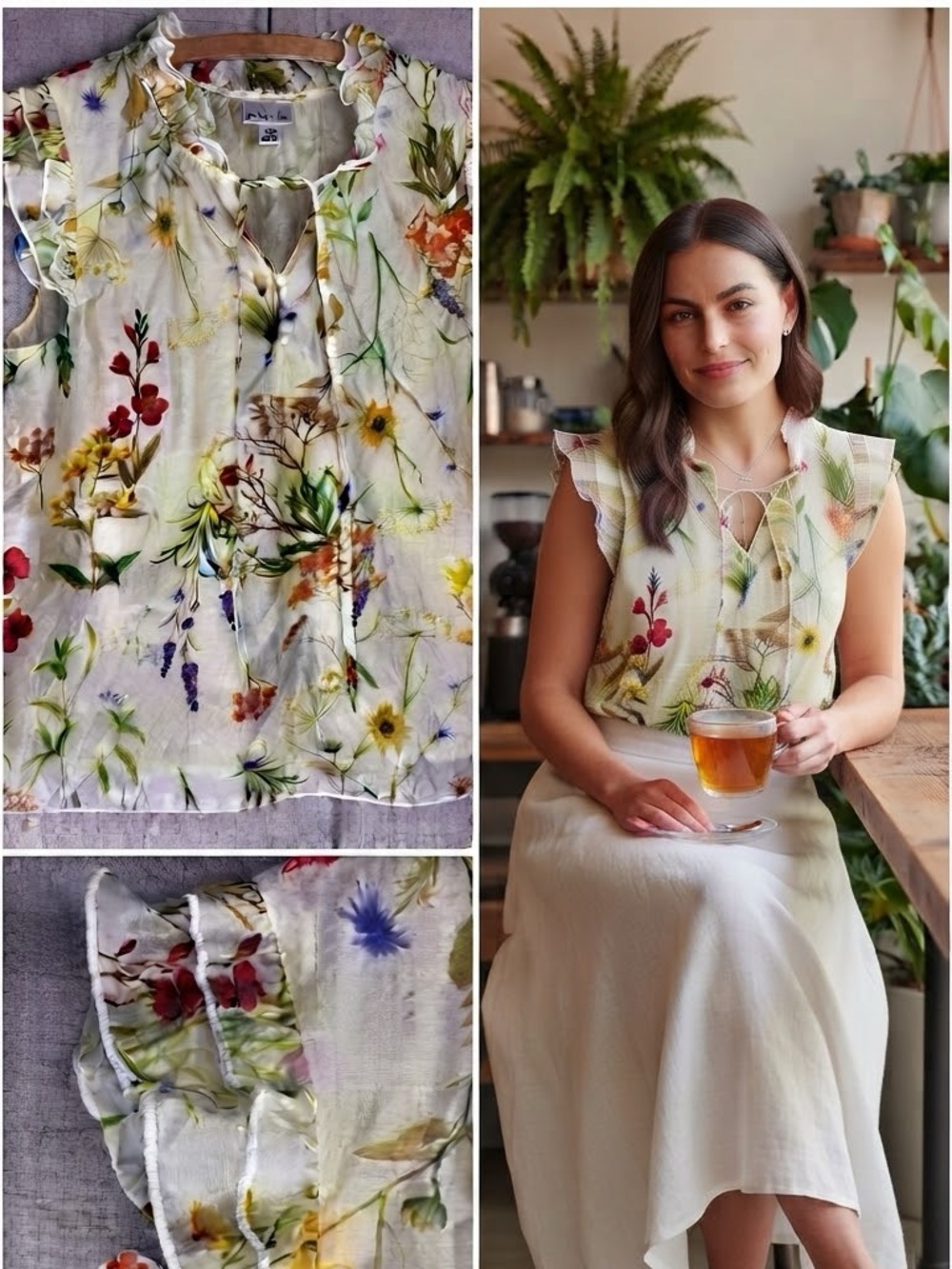 Dainty Floral Blouse Womens M Soft Yellow Lined Top Cottagecore Coquette Ruffles